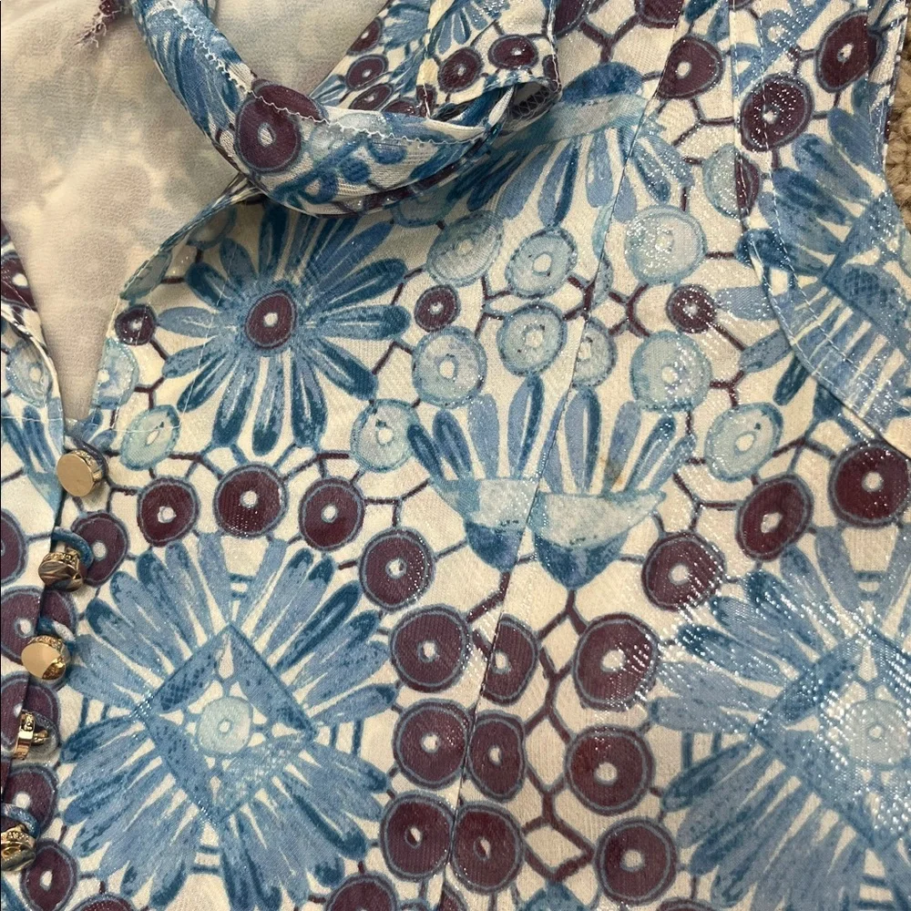 Tory Burch Metallic Silk Blend Top in Bahama Castillo Print Sz 6